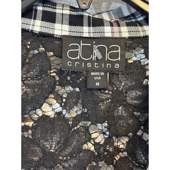 Atina Cristina Plaid Button-Up Shirt With Lace Detailing & 3/4 Sleeves Size M - Picture 2 of 5